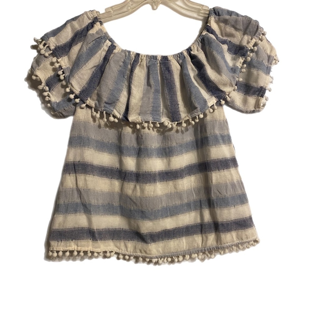 Cotton Linen Blue & White Blouse with Short Balloon Sleeves Small